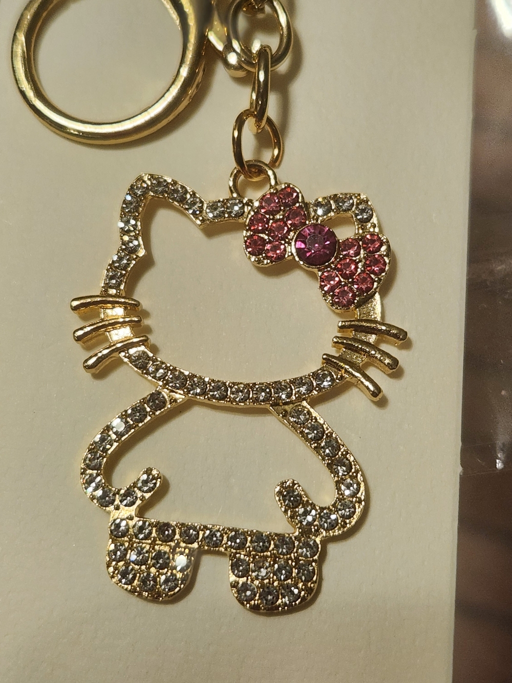 Cute Kitty Rhinestone Goldtone Keychain Bag Charm with Pink Bow Accent NEW